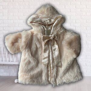 Baby Thoro Faux Fur Hooded Jacket/Coat w/ Satin Bow | 3–6M | Cream